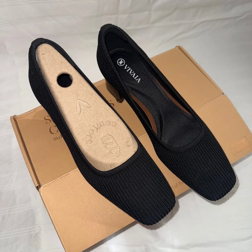 VIVAIA‎ Black Knit Square Toe Block Chunky Heel Pumps Women's Size 7-7.5 EUR38.5